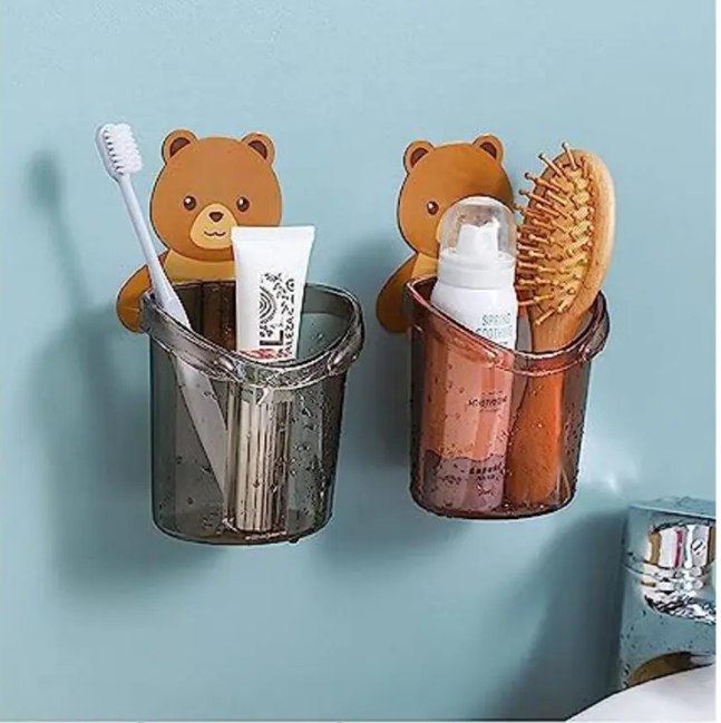 Wall Mounted Cute Bear Toothbrush Holder | Kids Toothpaste Dispenser & Bathroom Organizer | Storage Shelf Supplies